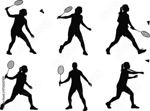 Badminton player silhouette, women playing badminton, shuttlecock action, racket sports illustration, athlete exercise, fitness training, competitive match, sports activity, outdoor recreation, game