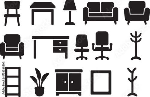 Furniture Icons Set – Chair, Sofa, Desk, Lamp, Plant, Wardrobe