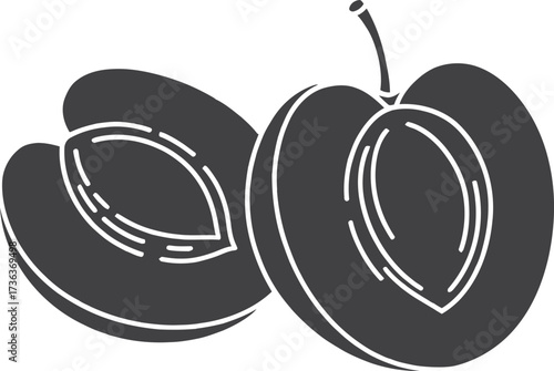 Stylized silhouette of two halved plums with seed detail