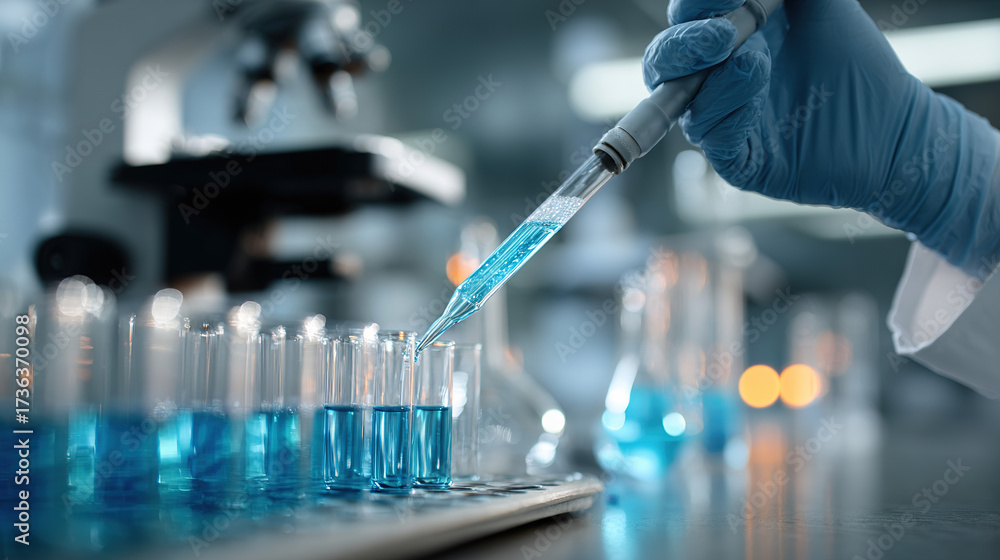 Fototapeta premium A scientist in a modern laboratory conducts research, using a pipette to transfer colorful liquid into test tubes for a scientific experiment.
