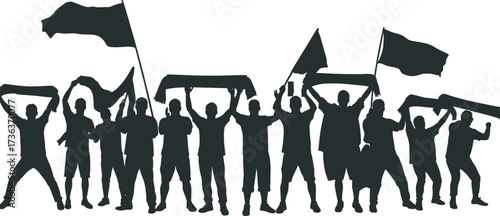 Silhouette crowd holding flags, raised banners, unity celebration, public rally, cheering people, activism energy, festive mood, protest scene, bold expression, night event