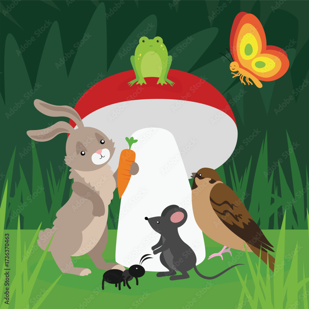 Naklejka premium Funny animals in the forest. Cute cartoon characters. Vector illustration.
