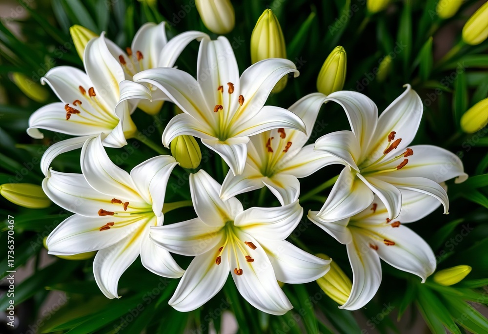 Fototapeta premium Elegant cluster of pristine white lilies in a lush bouquet, light, white