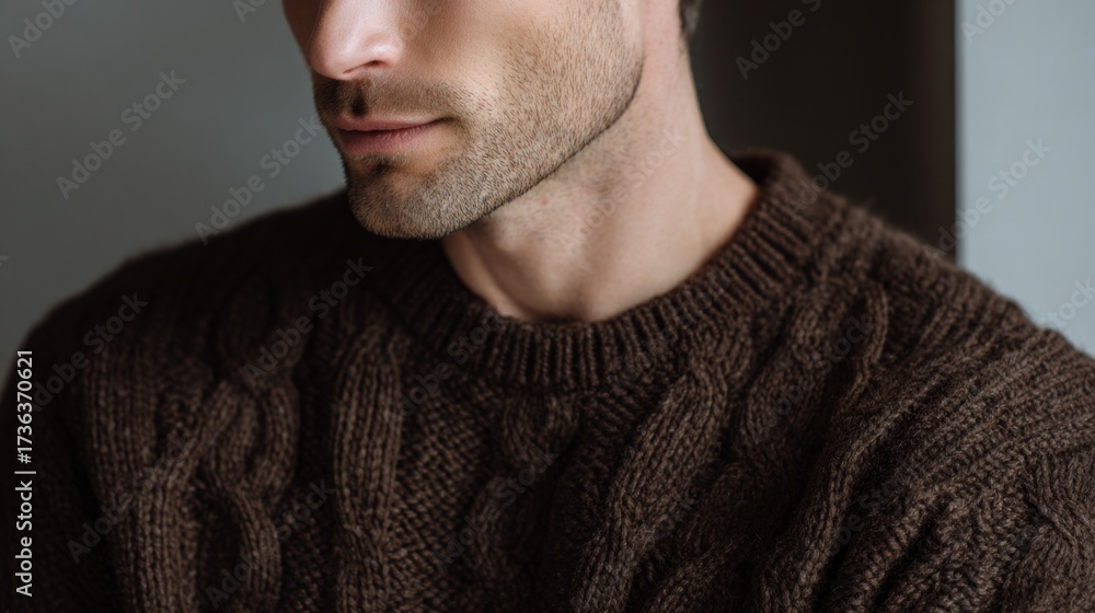 Obraz premium Young man wearing a trendy brown knitted sweater style for fall fashion and cozy comfort.