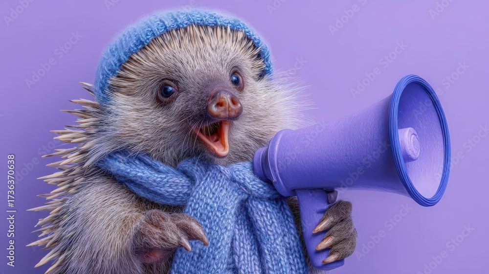 Fototapeta premium A cute hedgehog wearing a blue hat and scarf holds a purple megaphone. The background is a solid purple color, creating a playful atmosphere.