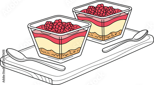 Hand drawn illustration of two berry desserts in glasses on a tray