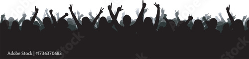 Silhouette crowd raising arms, peace signs visible, unity celebration, concert energy, expressive gesture, public gathering, cheering people, night event, rally scene, support