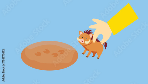 Wild boar and traces on the workpiece. Vector illustration in the style of a flat cartoon.