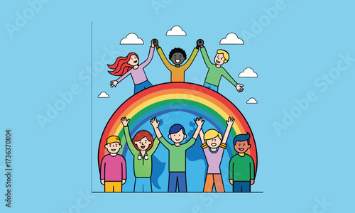 Happy Children Celebrating Under Rainbow Cartoon