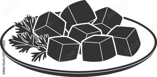 Plate of dark cubes with herb garnish illustration