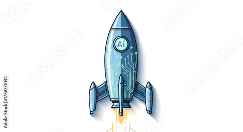 Futuristic AI Rocket Launching with Glowing Engines and Circuitry Details.