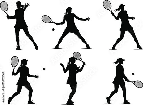 Female tennis player silhouettes, women playing tennis, athletic sports action, racket and ball practice, competitive match poses, fitness training, healthy lifestyle illustration