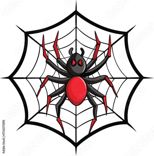 Cartoon spider with red and black coloration sits in its web
