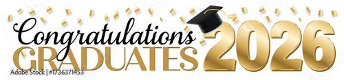Wide gold and black Congratulations Graduates 2026 banner with confetti and a grad cap. Great for school announcements, yard signs, posters, website headers, and social posts.