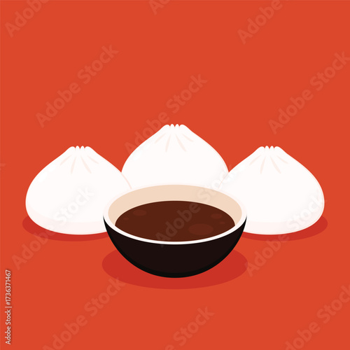 Dim sum food sets. Steamed dumplings banner template isolated on red. Asian traditional cuisine. Vector illustration in cartoon flat style. Chinese food.