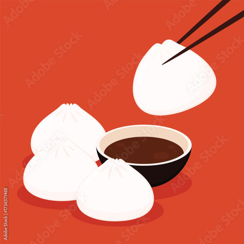 Dim sum food sets. Steamed dumplings banner template isolated on red. Asian traditional cuisine. Vector illustration in cartoon flat style. Chinese food.