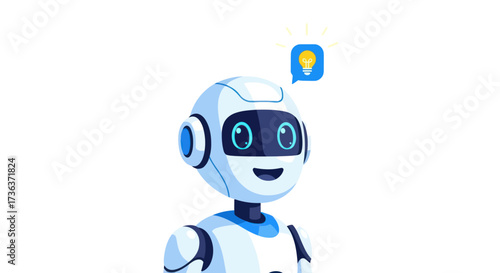 A friendly white and blue cartoon robot character with a glowing lightbulb idea icon in a speech bubble.