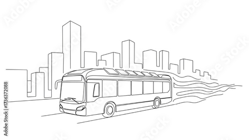 Continuous One Line Drawing of Electric Bus with Solar Panels in City – Minimalist Line Art of Sustainable Public Transportation and Renewable Energy