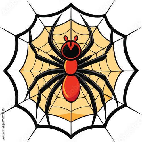 Cartoon red and black spider on a tan spiderweb, Halloween illustration