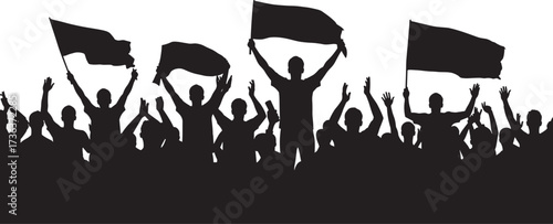 Silhouette crowd waving flags, raised arms, protest unity, public demonstration, celebration energy, rally scene, activism moment, bold gesture, people cheering, night event