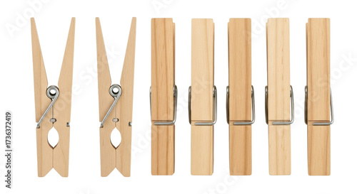 Isolated Clothes Pegs Several Wooden Clips with Metal Spring Holding Laundry Items Fasteners