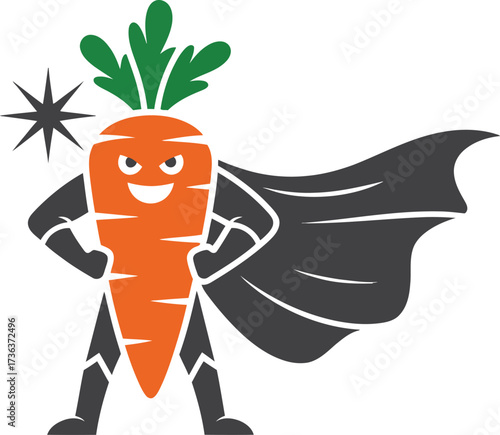 Funny superhero carrot character with cape and mask