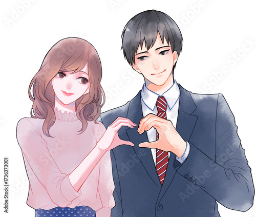 Obraz na płótnie 恋人同士でハートポーズをする男女のイラスト