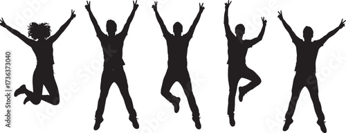 Silhouette figures jumping, raised arms, joyful celebration, unity in motion, expressive gesture, energetic pose, public happiness, dynamic movement, night scene, festive vibe