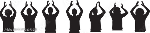 Silhouette group clapping, raised arms, synchronized gesture, unity in motion, celebration scene, expressive movement, public support, event energy, teamwork display, night contrast