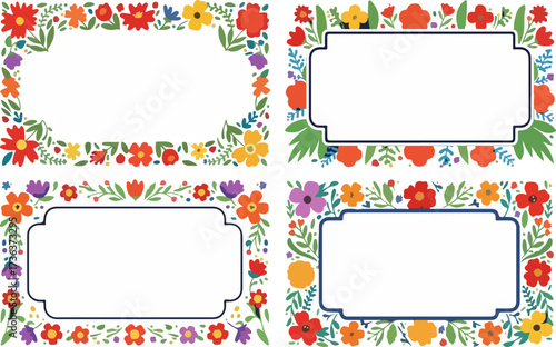 Four blank labels or frames with vibrant, colorful floral borders, perfect for invitations, messages, or name tags.