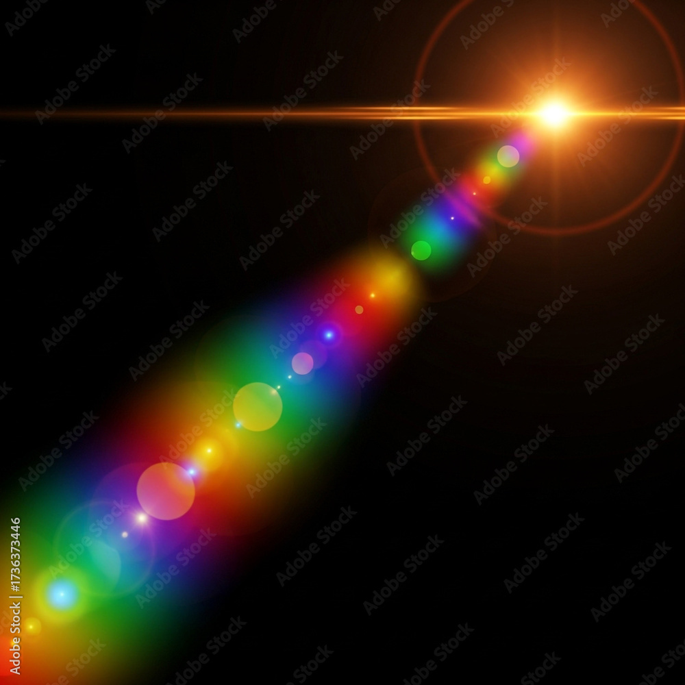 Obraz premium Vibrant rainbow lens flare bursts with bright orange light on a dark background creating a dynamic, energetic, and magical atmosphere for creative projects.