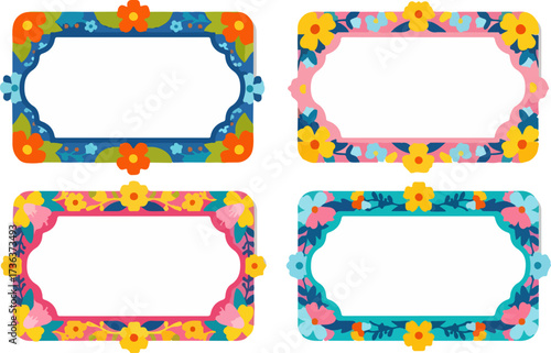 Set of four vibrant rectangular frames adorned with various colorful flowers and leaves, ideal for labels or decorative borders.