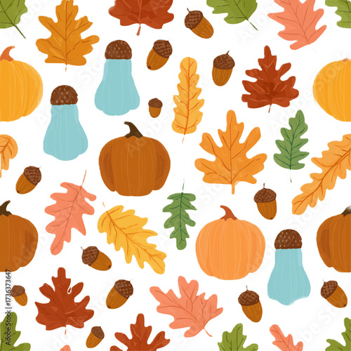 Seamless autumn vector patterns with colorful leaves, pumpkins and acorns in flat minimal style. Perfect seasonal decoration set