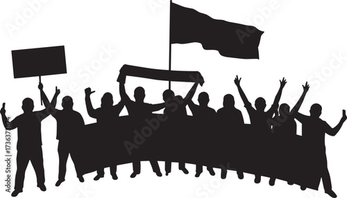 Silhouette protest crowd, raised arms, banners and flags, unity in motion, public demonstration, expressive gesture, social movement, night event, support scene, energy