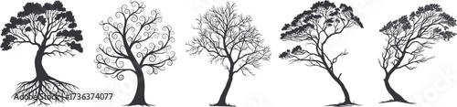 Collection of detailed tree silhouettes in various natural shapes. Elegant black vector illustrations for landscapes, design, and creative artworks. Ideal for nature-inspired projects.
