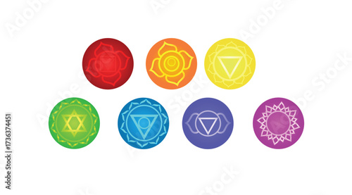 Seven chakra symbols representing energy balance, meditation, healing, spirituality, and harmony