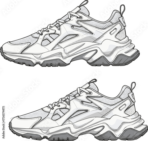 Modern sneaker design illustration, chunky sole footwear, athletic shoe drawing, fashion footwear sketch, sports shoe concept, stylish trainer artwork, detailed sneaker rendering