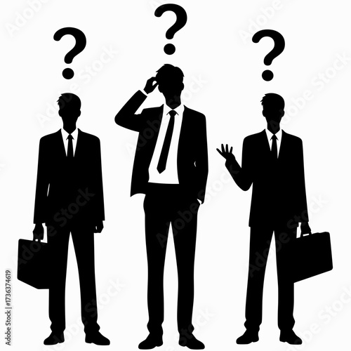 Businessmen in suits showing confusion with question marks above heads  