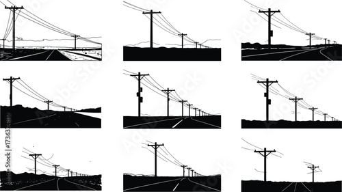 Rural road with utility poles, power lines, countryside landscape, black and white silhouette, electricity infrastructure, scenic horizon, minimalist perspective illustration