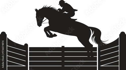 Silhouette of a horse and rider jumping over a fence in a competition