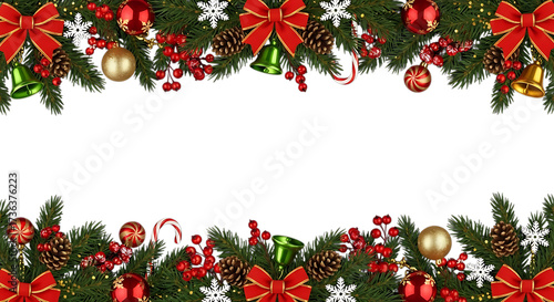 Festive christmas garland frame with ornaments and ribbons for holiday designs