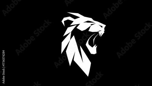 Striking stylized white silhouette of a roaring lion head rendered in a sharp, low-poly geometric aesthetic