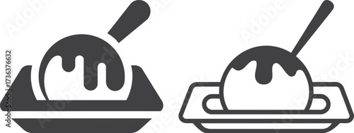 Two simple icons of an ice cream scoop with sauce and spoon
