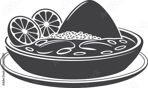 Stylized hand drawn illustration of a bowl of soup with onigiri and lemon slices