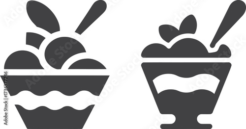 Two stylized black and white icons of ice cream sundaes with spoons