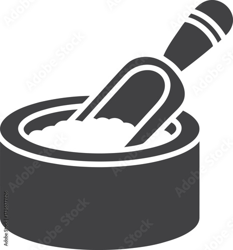 Simple icon of a container with a scoop filled with powder
