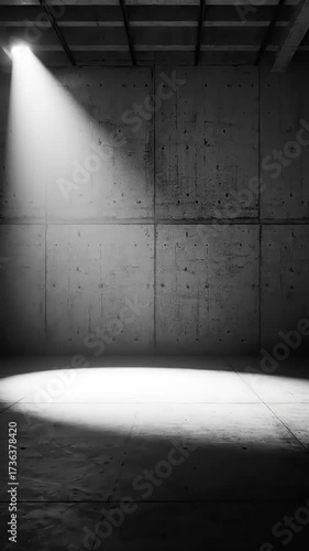 Dramatic spotlight illuminating a textured concrete room, creating a moody atmosphere for photography