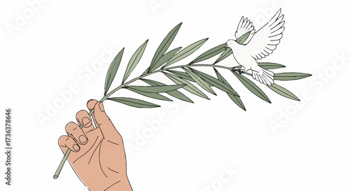 Hand holding olive branch with a white dove, a symbol of peace, hope, remembrance, and spiritual serenity for solemn occasions.