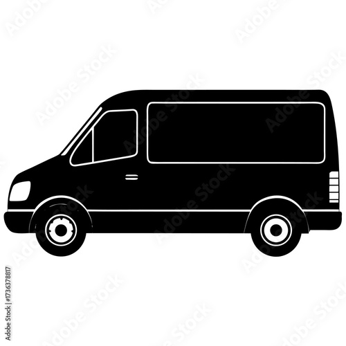 Simple black silhouette of a modern cargo van or minibus on a white background