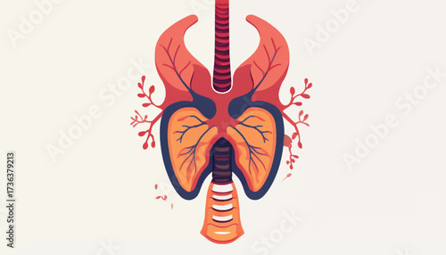 Stylized illustration of the human thyroid gland and trachea, depicting anatomical structures with organic, leaf-like extensions and branching vessels against a muted background.